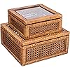 Creative Co-Op Modern Decorative Square Woven Rattan and Wood Display Boxes with Glass Top, Set of 2 Sizes, Dark Brown Finish