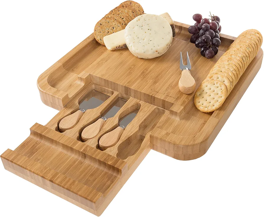 Bamboo Cheese Serving Tray - Eco-Friendly Charcuterie Board with 4-Piece Stainless-Steel Cutlery Set and Storage Drawer by Classic Cuisine (Tan)