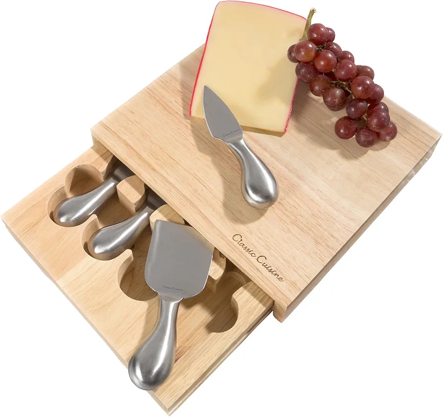 Cheese Board 5 piece Set with Stainless Steel Tools and Wood Cutting Block for Every day, Entertaining, Picnics, Gifts 8.6 x 8.25 by Classic Cuisine