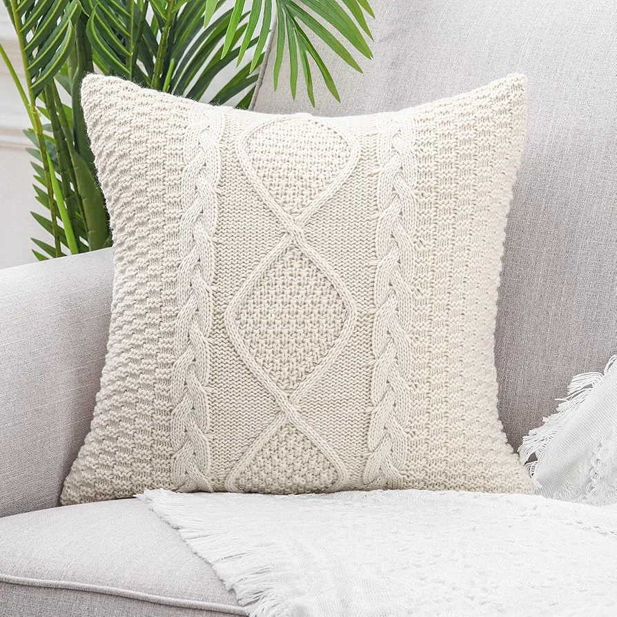 MANDIOO Cotton Knitted Beige Decorative Throw Pillow Covers Soft Cozy Outdoor Cushion Cases Luxury Modern Pillowcases for Couch Sofa Bed 20x20 Inches