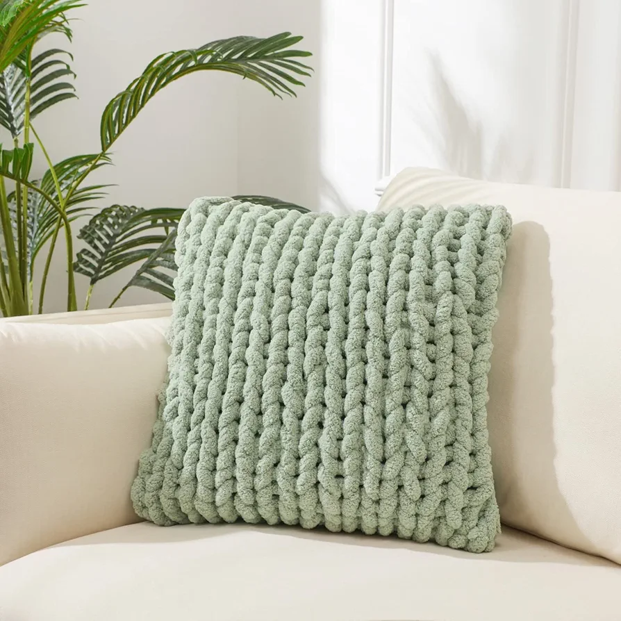 Sage Green Chunky Knit Throw Pillow Covers 18"×18" (1PC) Decorative Handmade Pillow Cover for Couch Livingroom Bedroom Square Luxury Style Crochet Pillow Case Fur Pillowcases