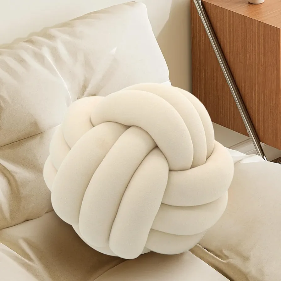 Knot Pillow Ball,Round Throw Pillows,Ivory Decorative Ball Pillows for Couch,Soft Home Décor Knotted Pillow,Modern Handmade Braided Pillow Ivory 20cm