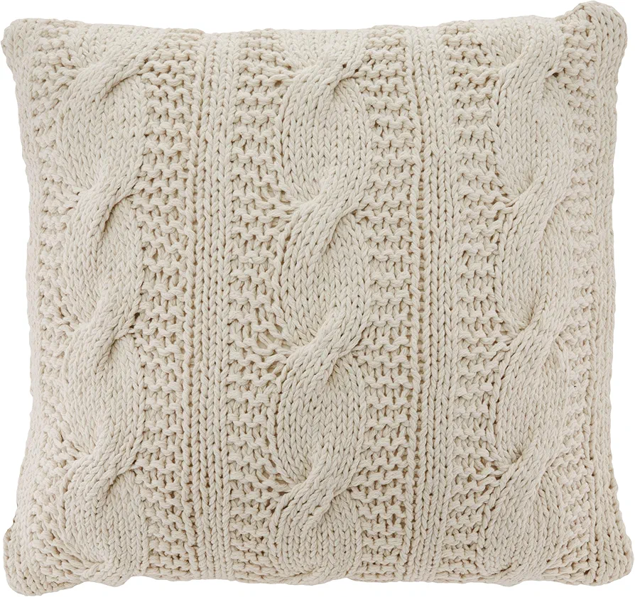 SARO LIFESTYLE 1020 McKenna Knitted Collection Vanilla Cable Knit Design Down Filled Cotton Throw Pillow