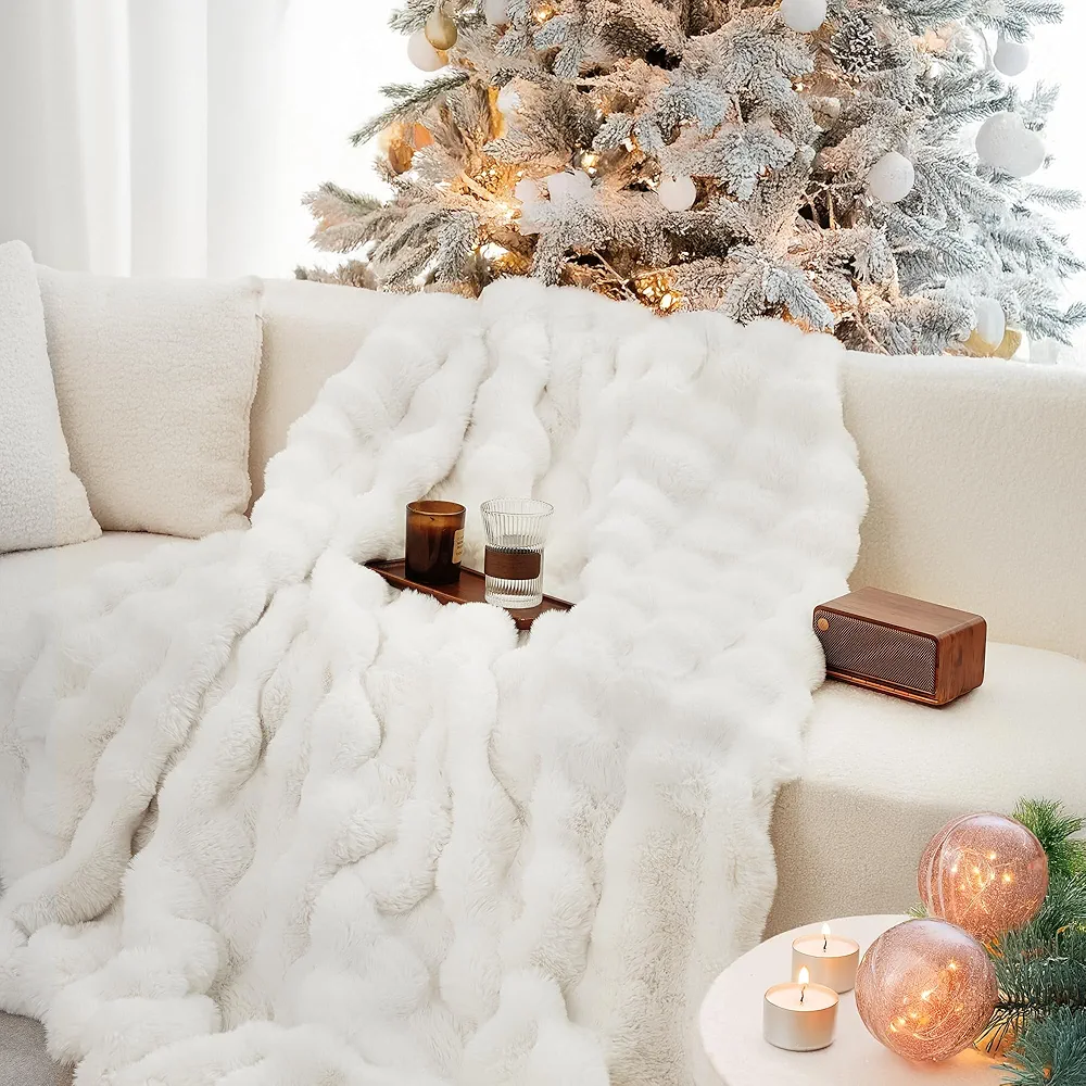 July White Bubble Fleece Blanket for Couch, Faux Rabbit Fur Throw Blanket, Soft Cozy Fluffy Decorative Blankets for Bed, Sofa, Machine Washable, 50" x 60", SC-WE5060