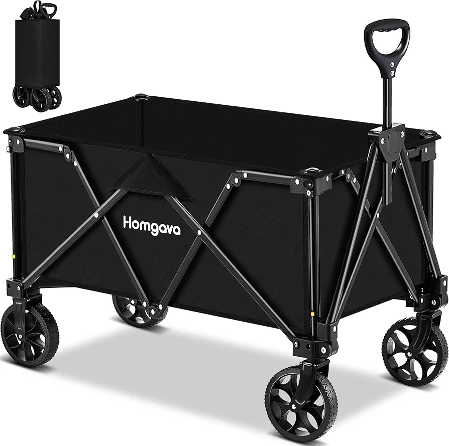 Collapsible Folding Wagon Cart, Large Capacity Camping Wagon, All Terrain Foldable Wagon, Heavy Duty Utility Wagon Cart for Grocery Outdoor Beach Gardening Shopping Fishing Black