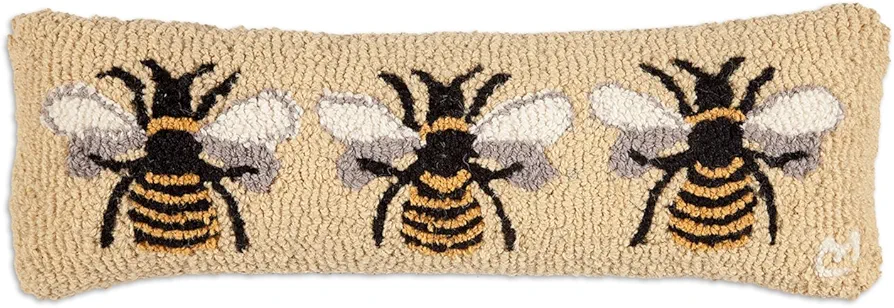 Artist-Designed Bumblebee Hand-Hooked Wool Decorative Throw Pillow (8 in x 24 in) Farm & Garden Pillow for Couches & Beds - Low Maintenance Nature Queen Bee, Honey Bee Home Décor