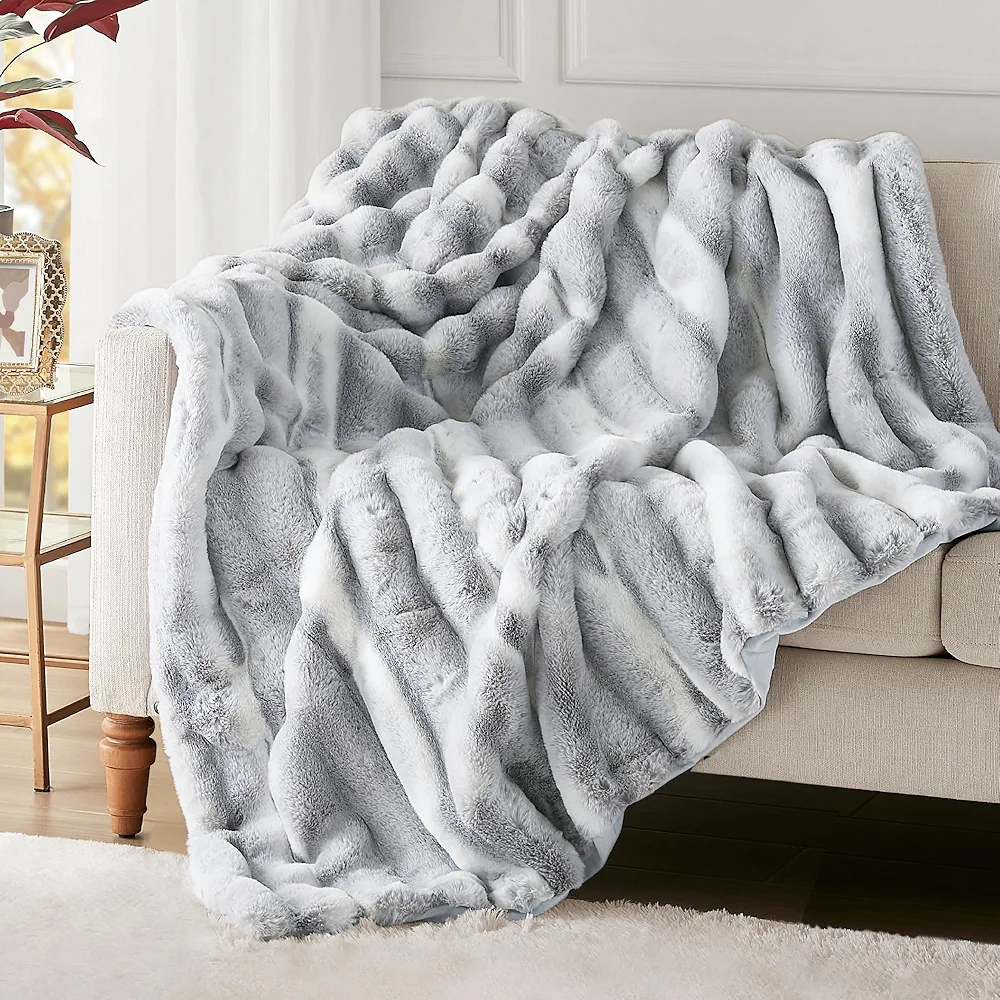 Hyde Lane Luxury Fluffy Faux Rabbit Fur Throw Blanket - Ultra Soft Cozy Blankets for Sofa, Couch, Bedroom | Warm Thick Fuzzy Throws As a Gift, Snow Lynx, 50"x60"