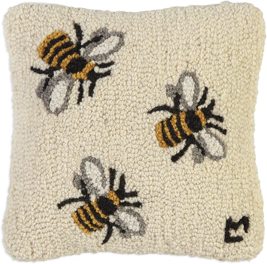 Artist-Designed Three Bees Hand-Hooked Wool Decorative Throw Pillow (14 in x 14 in) Farm & Garden Pillow for Couches & Beds - Low Maintenance Nature Garden Honey Bee Pillow