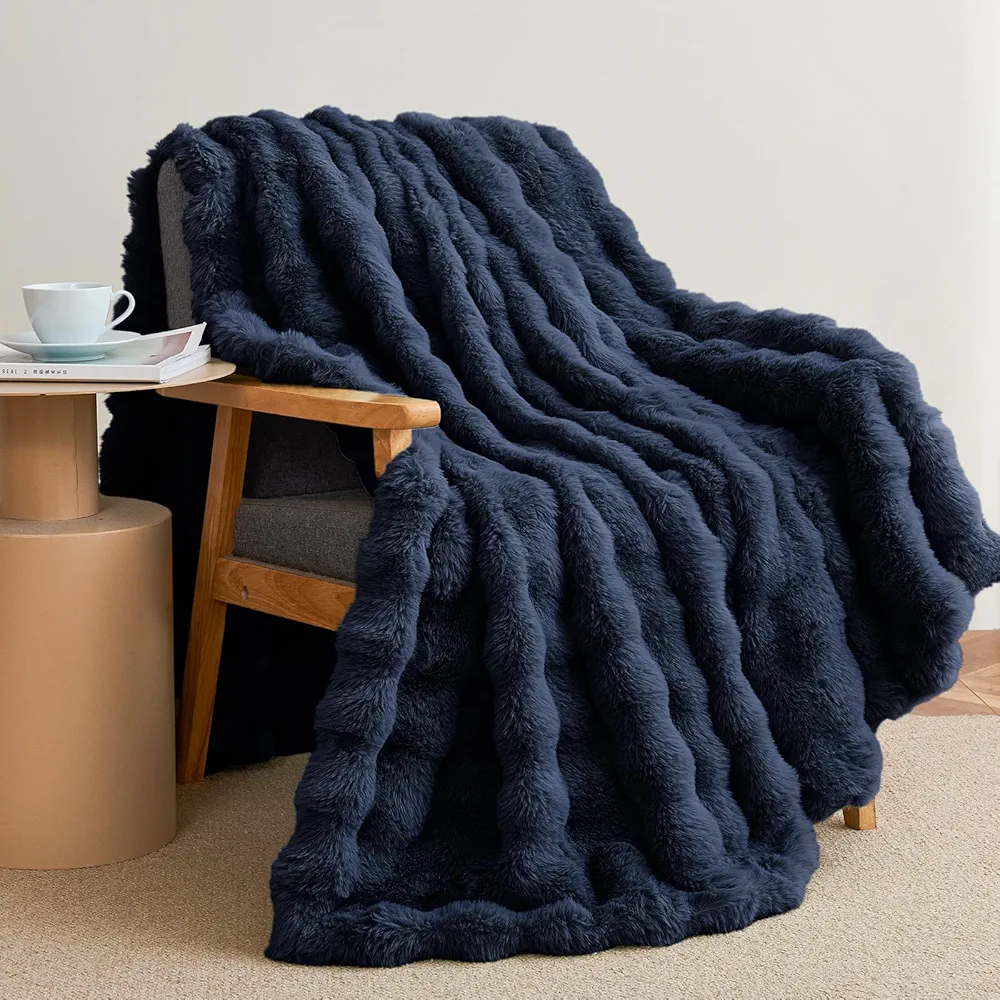 Faux Rabbit Fur Throw Blanket for Couch, Fluffy Warm Plush Thick Bubble Blanket for Bed Sofa Living Room, Soft Cozy Furry Blanket, 50x60 inches, Navy Blue