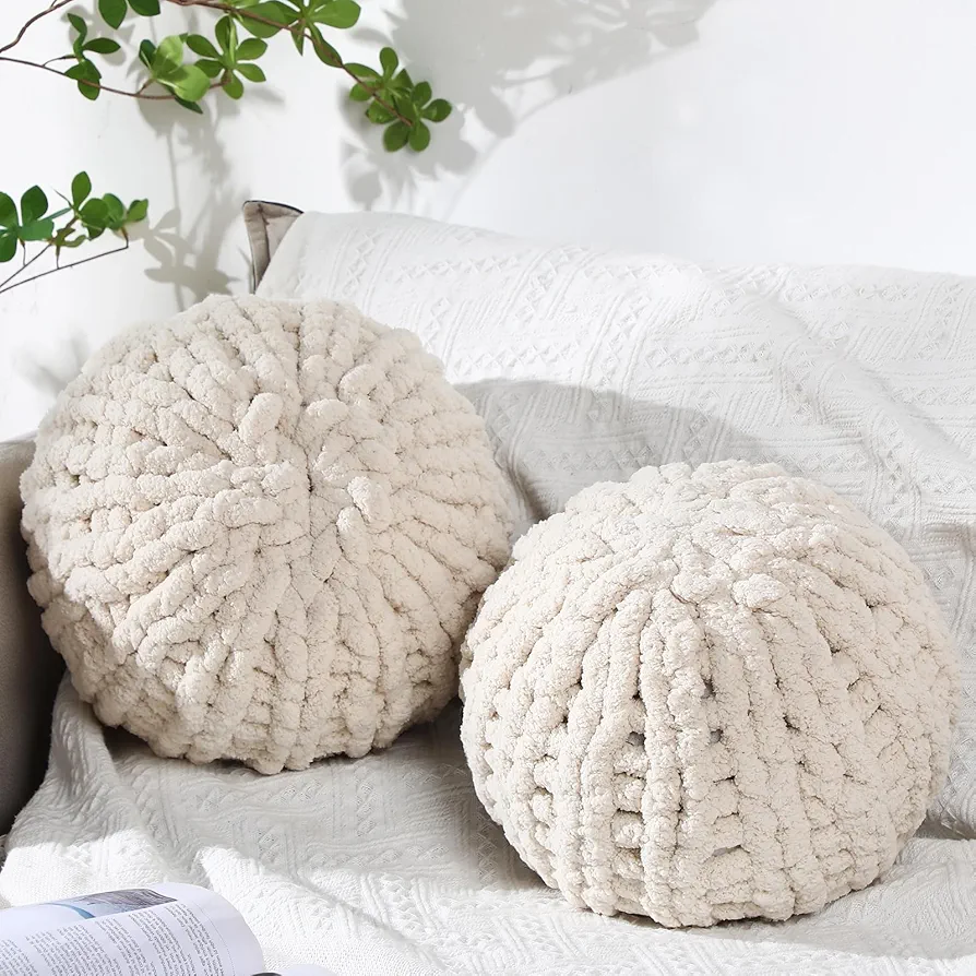 Suzile 2 Pcs Chunky Knit Throw Pillow 13.8 Inch Round Handmade Cushions Cozy Soft Knitted Knot Pillows Circle Pouf Pouf Pumpkin Decorative Pillow for Home Bed Decor(Beige)