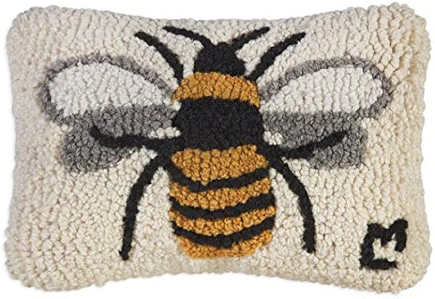 Artist-Designed Bumblebee Hand-Hooked Wool Decorative Petite Throw Pillow (8 in x 12 in) Garden Pillow for Couches & Beds - Low Maintenance Nature, Garden Honey Bee Home Décor