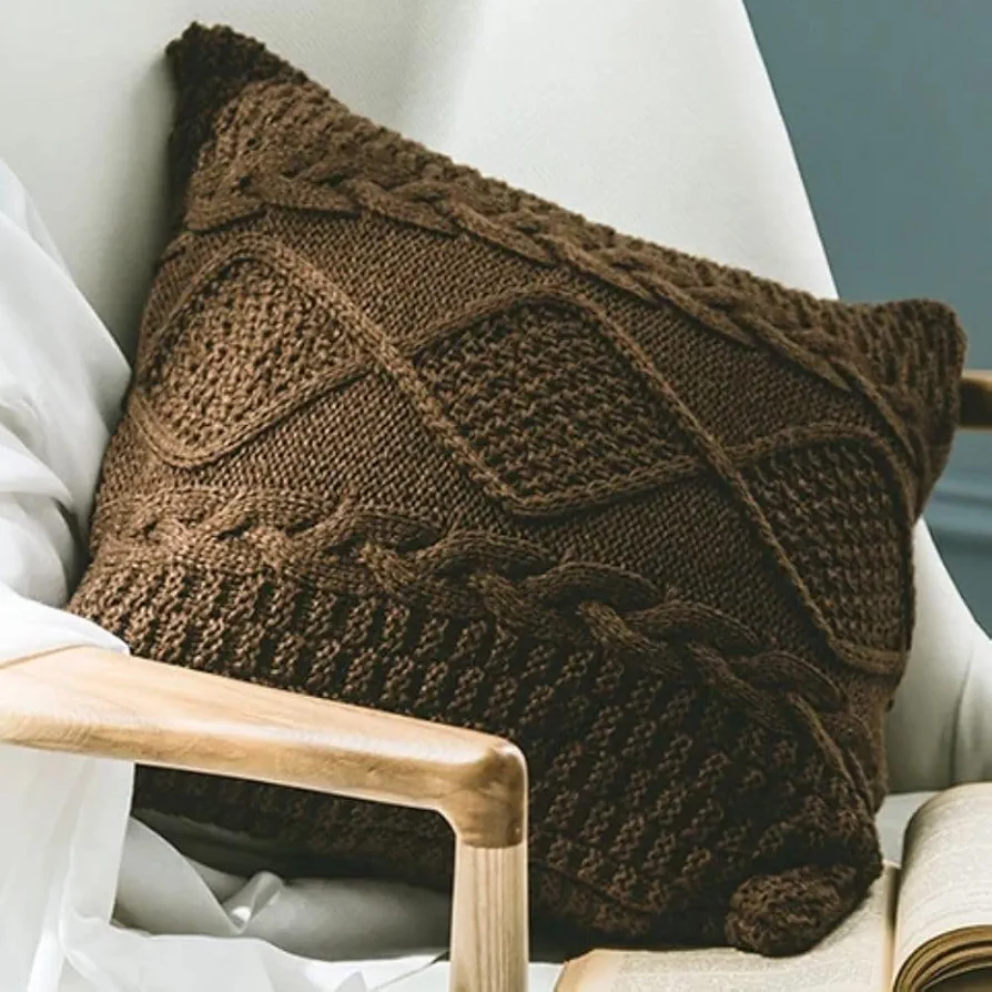 Cotton Cable Knit Pillow Covers,Cushion,Soft Decorative Double Side Knitted Throw Pillow Cover for Bed Car Couch Sweater Square Warm Pillowcase (Brown)