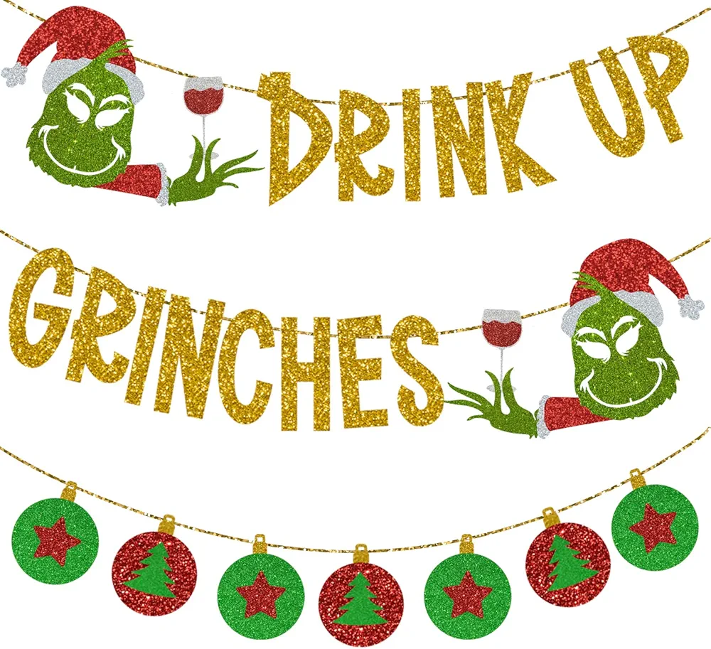 Drink Up Grinches Glittery Christmas Banner Decoration with Wine Cups + Green and Red Xmas Balls Bunting Pennant, Merry Friendsmas Grinchmas Themed Party Supplies, Holiday Happy New years Eve Hanging