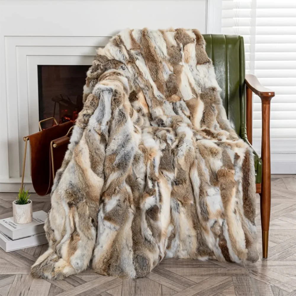 Natural Real Rabbit Fur Throw Blanket Luxury Fluffy Soft Cozy Plush,Thick Warm Blanket for Couch, Sofa and Bed,55.1in x62.9in(Straw Yellow)