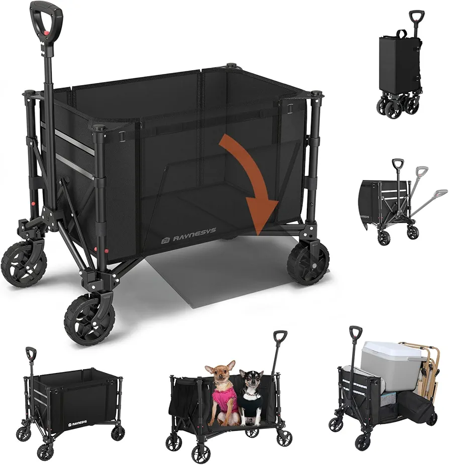 3 in 1 Collapsible Wagon Converts to Bench, 220lbs Foldable Wagon Cart with Wheels, 120L Shopping Cart for Groceries Folding Utility Wagon for Beach, Garden, Camping, Sport, Black