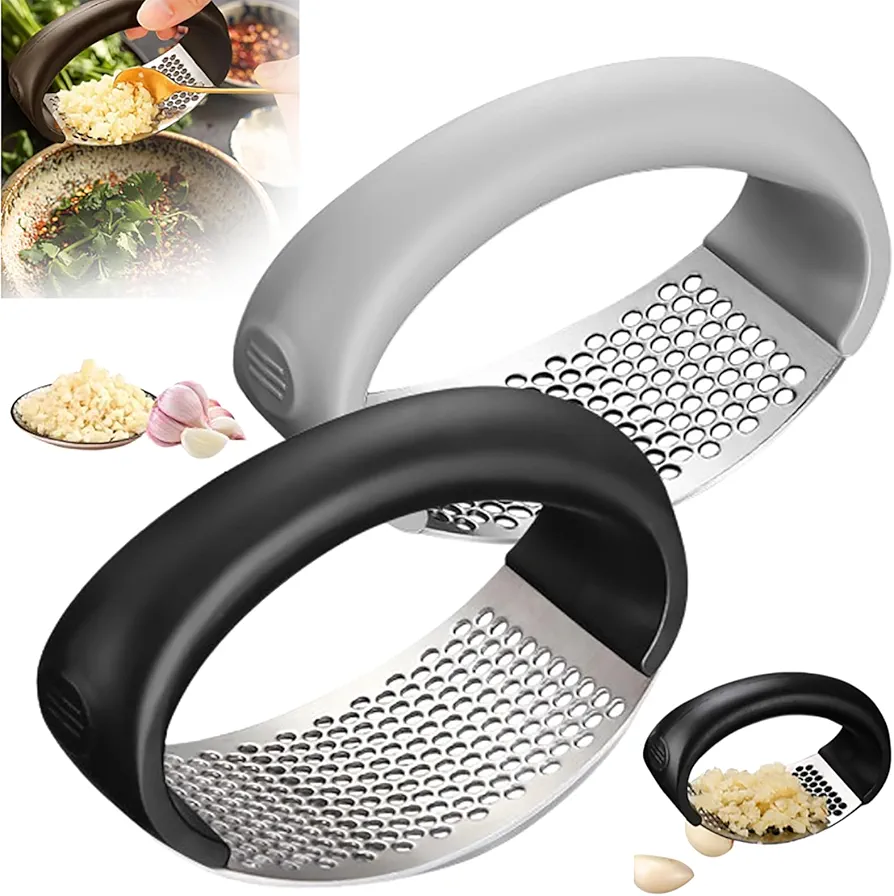 Garlic Crusher, 2024 Stainless Steel Garlic Presser Garlic Press Rocker Mincer Garlic Crusher with Peeler Wide Handle Innovative Garlic Chopper Mincer Crusher Grinder Masher (Black+Grey, 2 Pack)