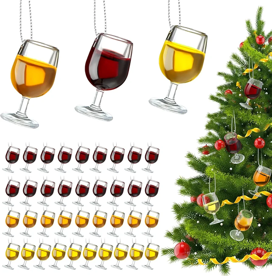 Poen 36 Pcs 3D Mini Christmas Wine Cup Ornaments with 40 Pcs Silver Hanging Rope Wine Theme Miniature Ornaments Acrylic Wine Cup Ornament for Christmas Tree Party Decoration (Burgundy, Yellow, Gold)