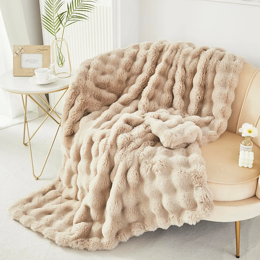 RYNGHIPY Faux Rabbit Fur Bed Throws, Fluffy Warm Throw Blanket for Sofa Couch, Soft Plush Decorative Blanket Thick and Heavy, Cute Bubble Furry Blanket (Camel, 51''x63'')