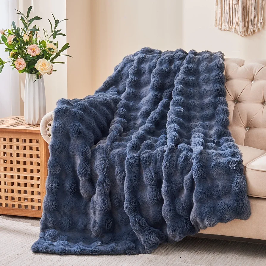 Soft Cozy Plush Faux Rabbit Fur Grey Throw Blanket, Decorative Boho Fluffy Blanket for Couch Bed Sofa Chair and Living Room, Luxury Fuzzy Fleece Winter Throw Blankets for Women, 50x60''