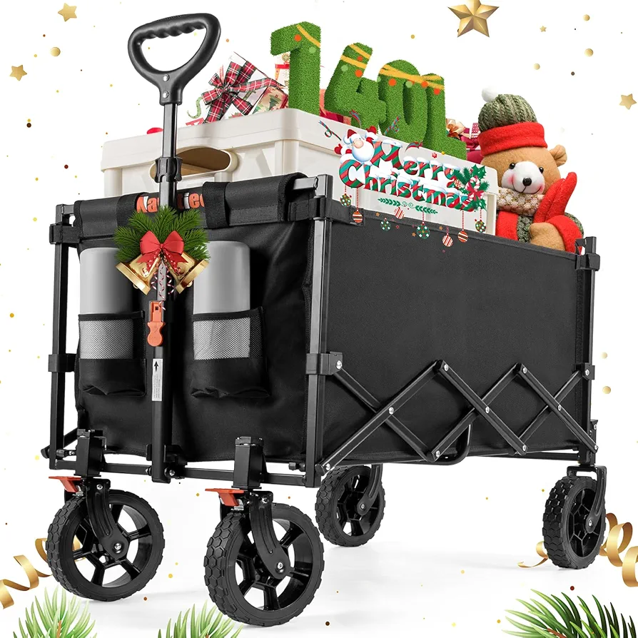 Navatiee Wagon Cart Heavy Duty Foldable, Collapsible Wagon with Smallest Folding Design, Utility Grocery Wagon for Camping Shopping Sports