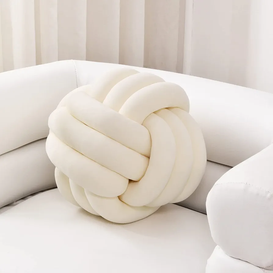 Sioloc Soft Knot Ball Pillows, Throw Cushion Home Decoration Plush ,Throw Knotted Handmade Round Plush Pillow (7.8inches,Ivory）