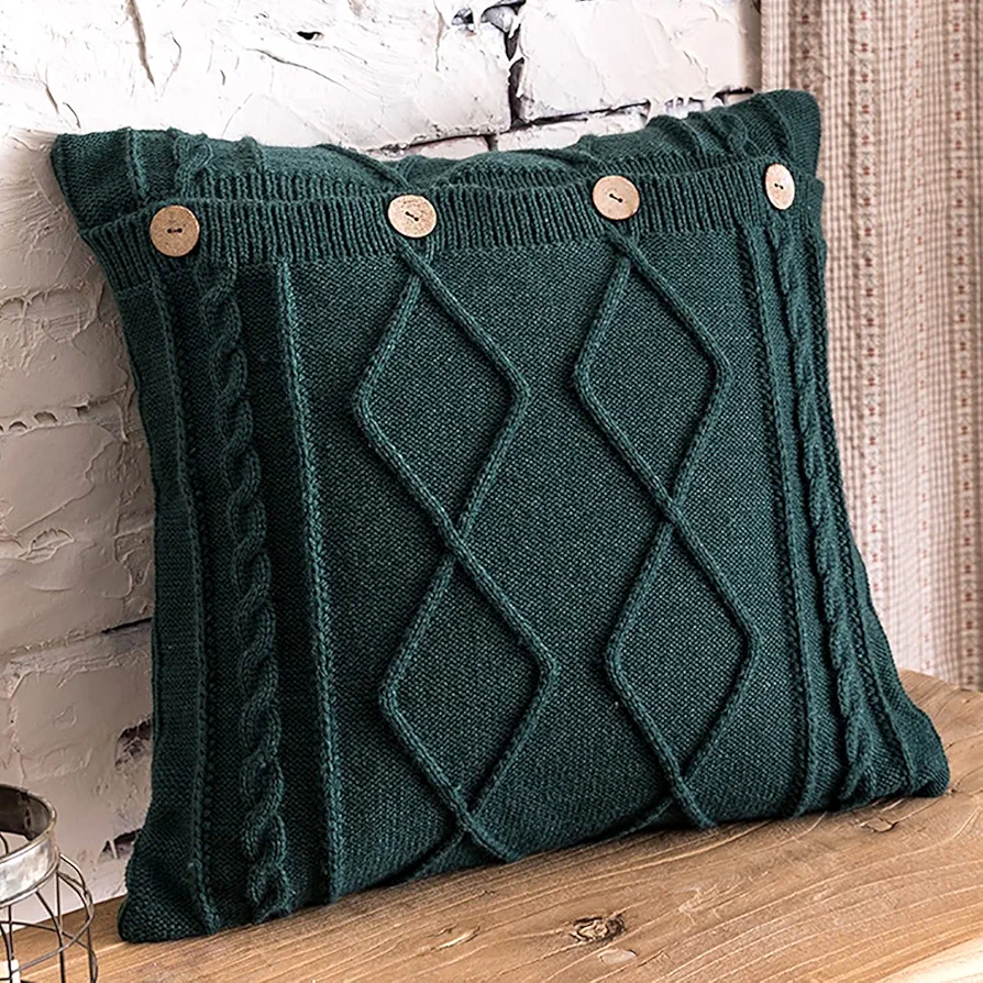 MH MYLUNE HOME Knit Throw 18x18 Pillow Cover Button Closure, Home Decor Aesthetic, Decor Pillows, Decorative Sofa Pillow Covers 18 x 18, Throw Pillows for Couch, Forest Green