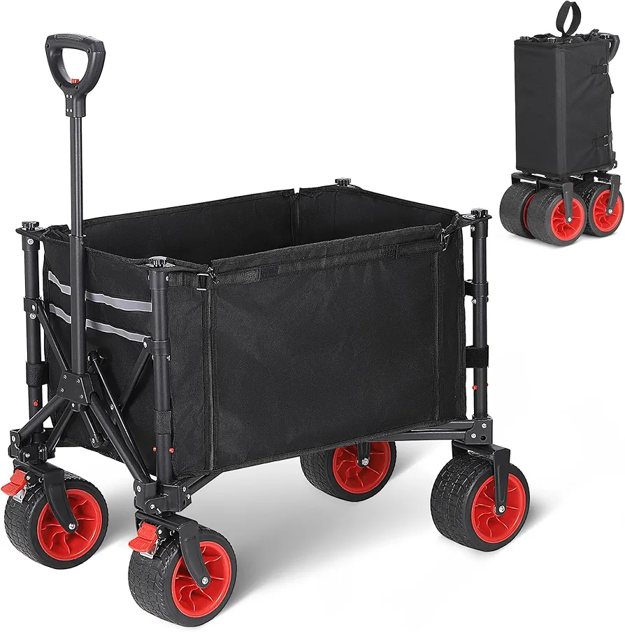 220LBS Collapsible Wagon with Wheels, Foldable Shopping Cart with Adjustable Handle, All Terrain Wagon with Zipper for Shopping, Garden, Beach, Black