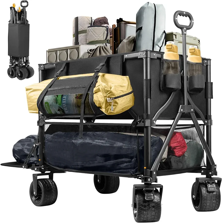 Double Decker Wagon 600lb Capacity & 400L Collapsible Sports Wagon with Big Wheels 54" Extended Utility Folding Wagon Cart for Camping Fishing & Outdoor Use