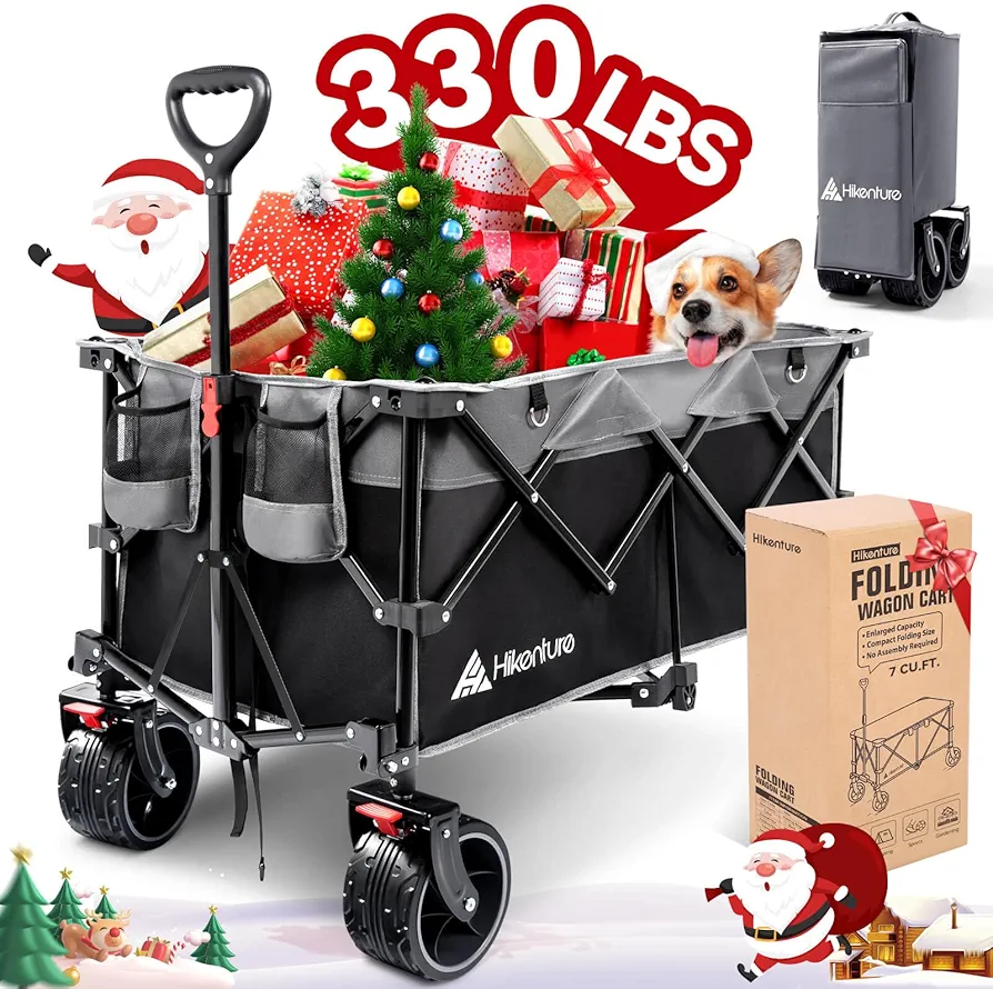 Hikenture Collapsible Wagon Cart, 330lbs Capacity Beach Wagon with Big Wheels for Sand, Heavy Duty Foldable Wagon with Brakes, Portable Utility Folding Garden Cart for Outdoor