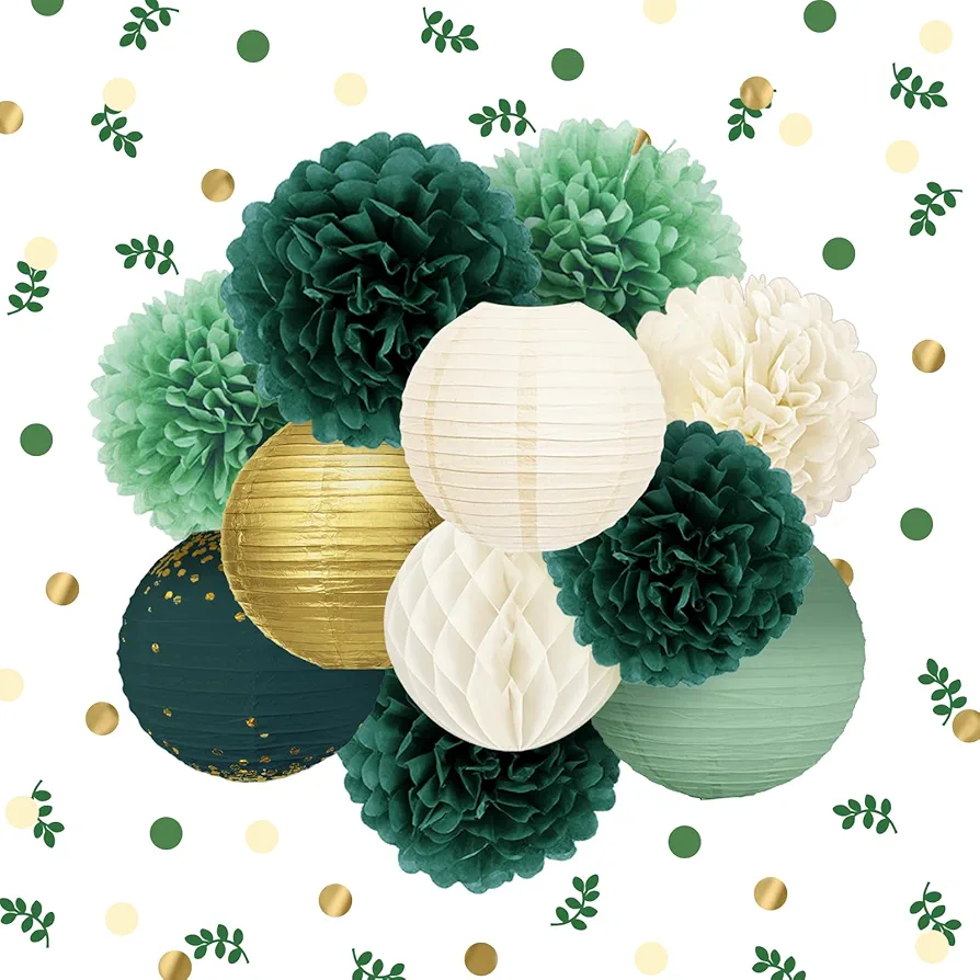 NICROLANDEE Wedding Party Decorations - 12PCS Emerald Green Hanging Tissue Pom Poms Gold Foil Dots Paper Lantern Confetti 30G for Rustic Style Bridal Shower Birthday Botanical Baby Shower Decorations