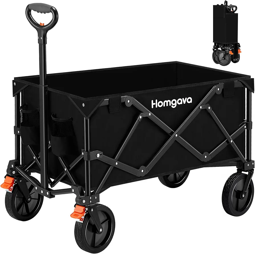 Collapsible Folding Wagon Cart,Heavy Duty Garden Cart with All Terrain Wheels,Portable Large Capacity Utility Wagon Cart for Camping Fishing Sports Shopping,Black&Orange