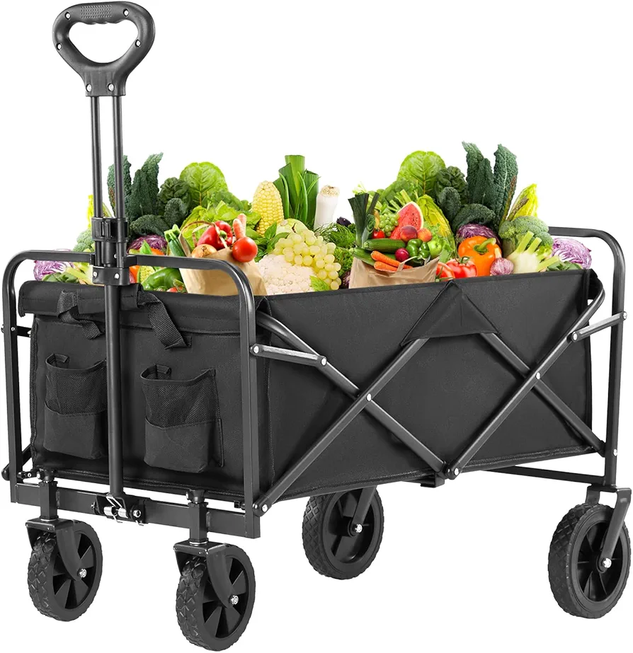 DUMOS Wagon, Wagons Carts Foldable with All-Terrain Wheels, Portable Shopping Cart Large Capacity Utility Cart with Drink Holders, Heavy Duty Collapsible Wagon for Sand, Beach, Gardening (30IN Black)