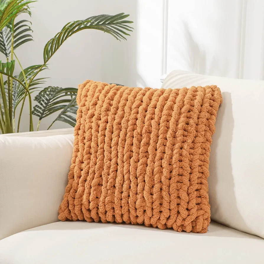 Burnt Orange Chunky Knit Throw Pillow Covers 1PC 18"×18" Square Luxury Style Crochet Pillow Case Fur Pillowcases Decorative Pillow Shell for Sofa Bedroom Cushion