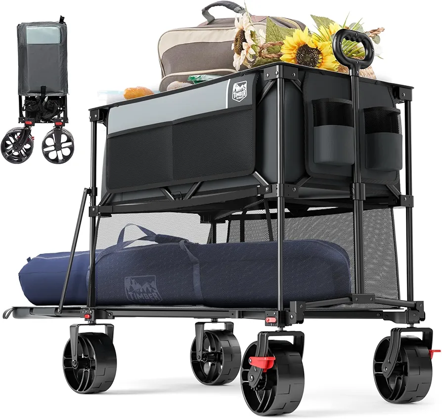 TIMBER RIDGE 400L Large Capacity Folding Double Decker Wagon with Brakes, 54" Extra Long Extender Wagon Cart, 450lbs Heavy Duty Collapsible Wagon, All-Terrain Big Wheels for Camping, Sports, Shopping