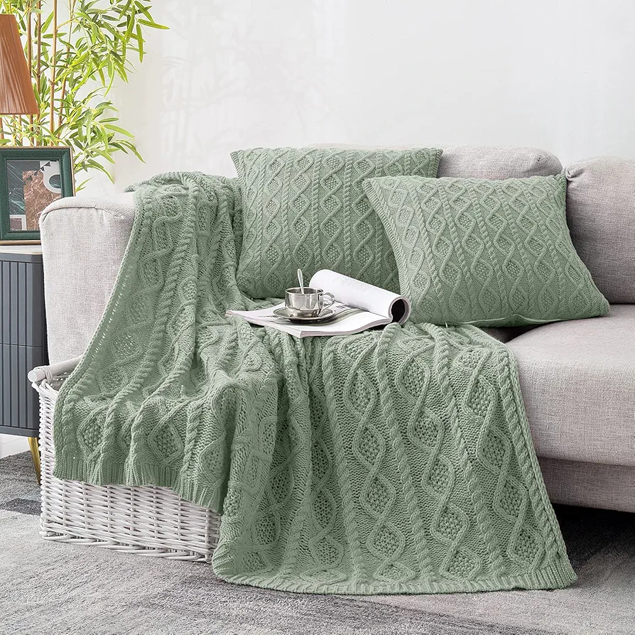 Homiest Cable Knit Throw Blanket and Pillow Set, Sage Green Throw Blanket Set of 3, Knitted Throw Blanket (50"x60") & 2 Pillow Covers (18"x18"), Soft & Cozy Decorative Throw Blanket for Couch Bed Sofa