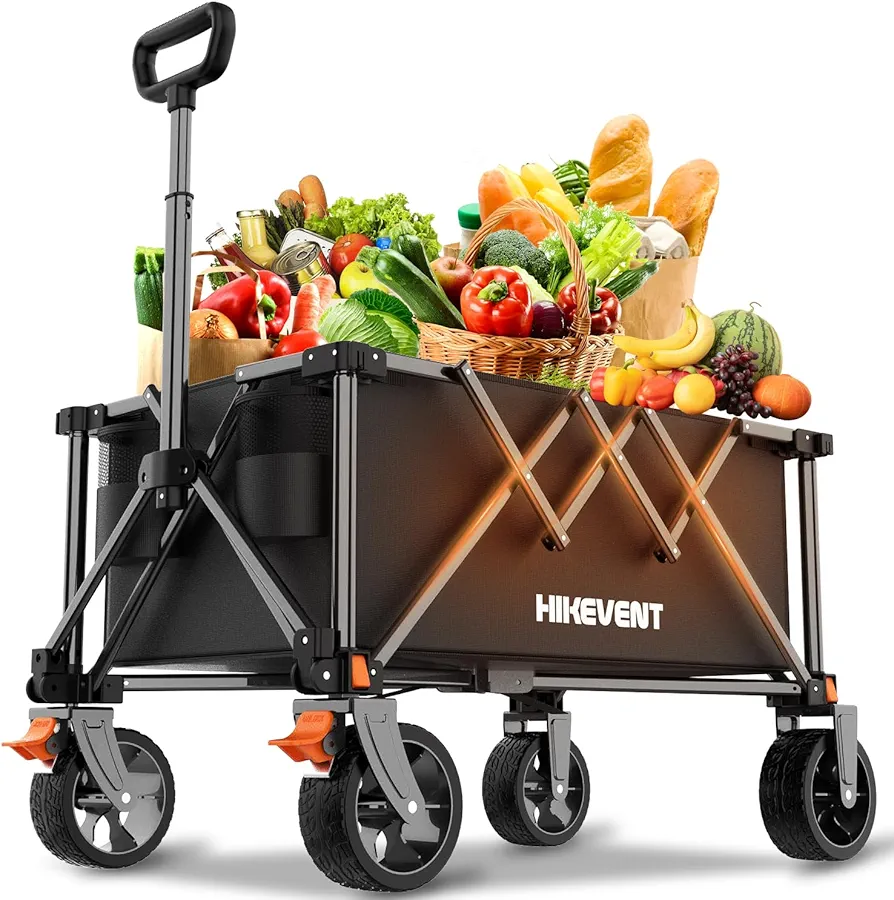 Collapsible Wagon Cart Foldable, Utility Garden Wagon with 220lbs Weight Capacity, Heavy Duty Portable Sport Wagon with Wheels for Outdoor, Grocery, Shopping, Black