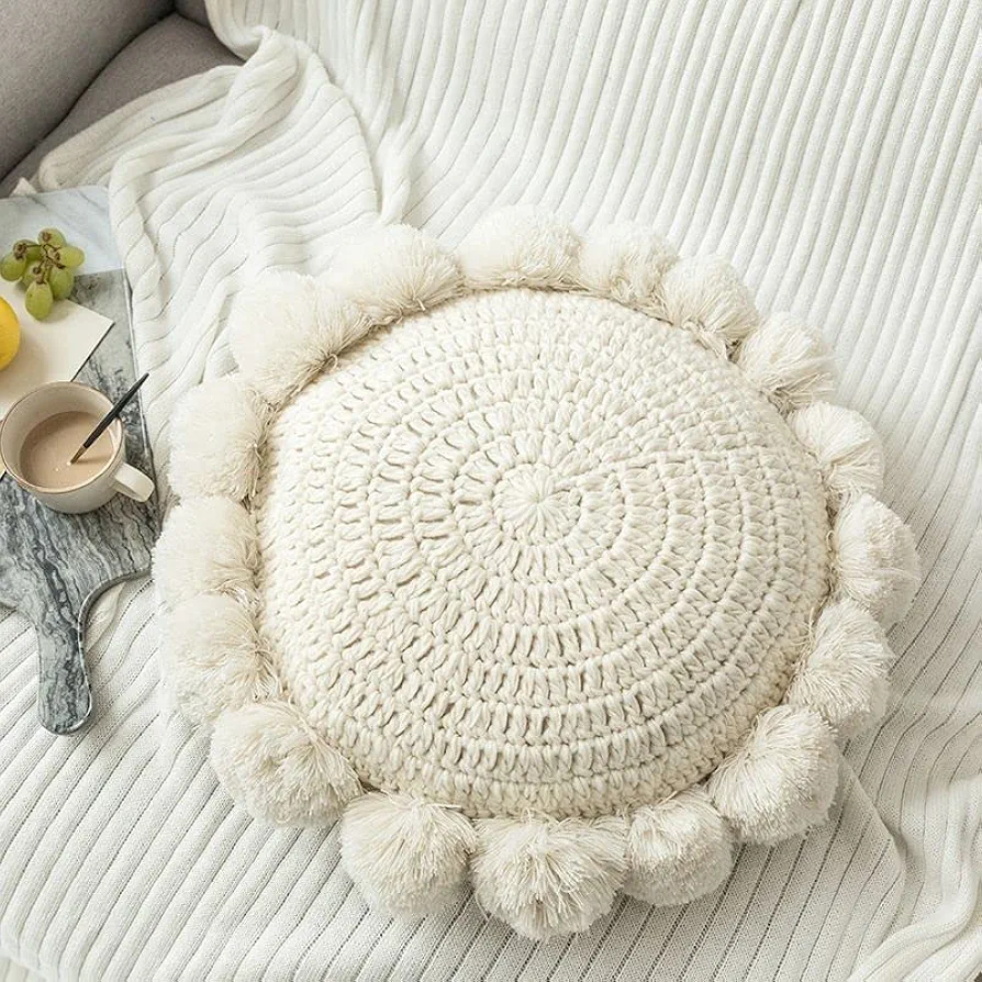 Knitted Throw Pillow Round Couch Pillow Sofa Cute Cushion Handmade Pompoms Decorative Plush Pillow (Beige, Diameter 18inches)