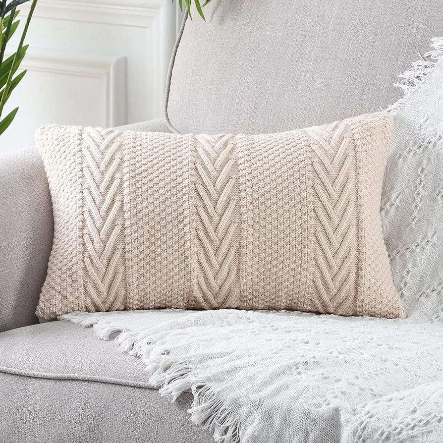 MANDIOO Cotton Knitted Decorative Lumbar Throw Pillow Covers Soft Cozy Outdoor Cushion Cases Luxury Modern Pillowcases for Couch Sofa Bed 12x20 Inches Beige