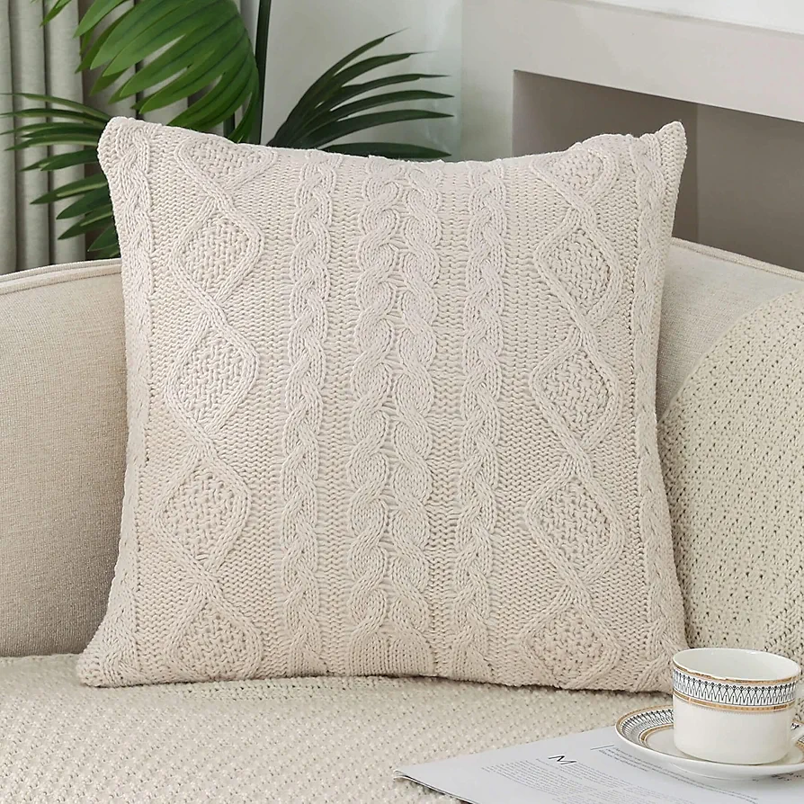 Decorative Knitted Throw Pillow Covers Double-Cable Sweater Square Warm Cushion Cover for Sofa Bedroom Home Accent Decor