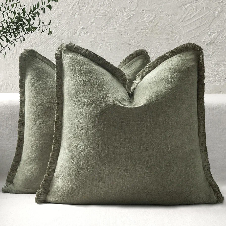 Boho Decorative Throw Pillow Covers with Fringe for Couch, Living Room, Bed Set of 2, 18x18 Inches, Olive Green