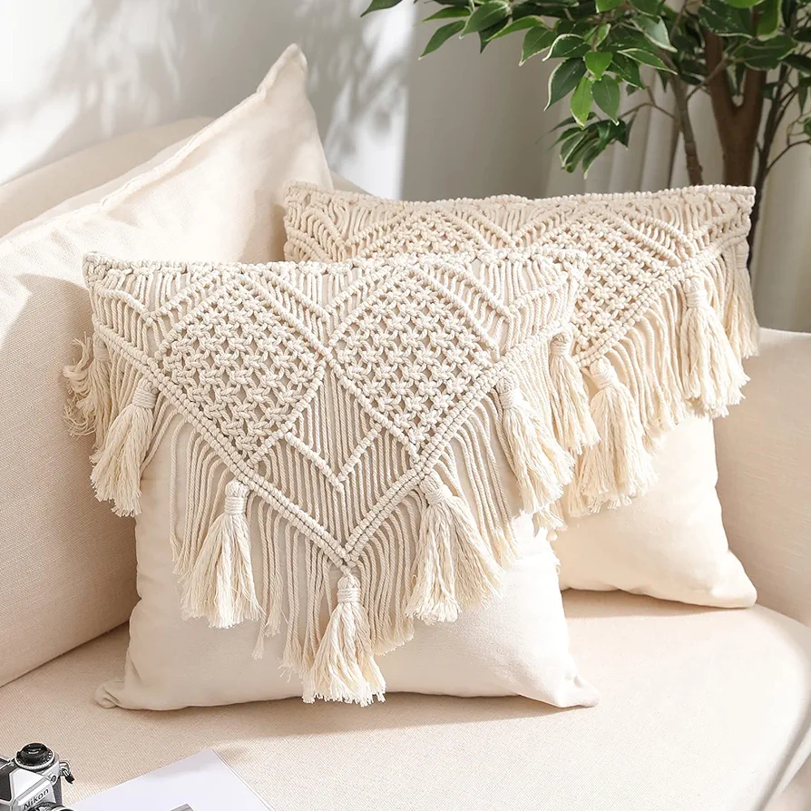 Macrame Throw Pillow Cushion Covers , Woven Boho Bed Sofa Couch Bench Car Home Decor, Comfy Square Pillow Cases with Tassels, Set of 2 Decorative Pillowcase (17X17 inch, Cream)