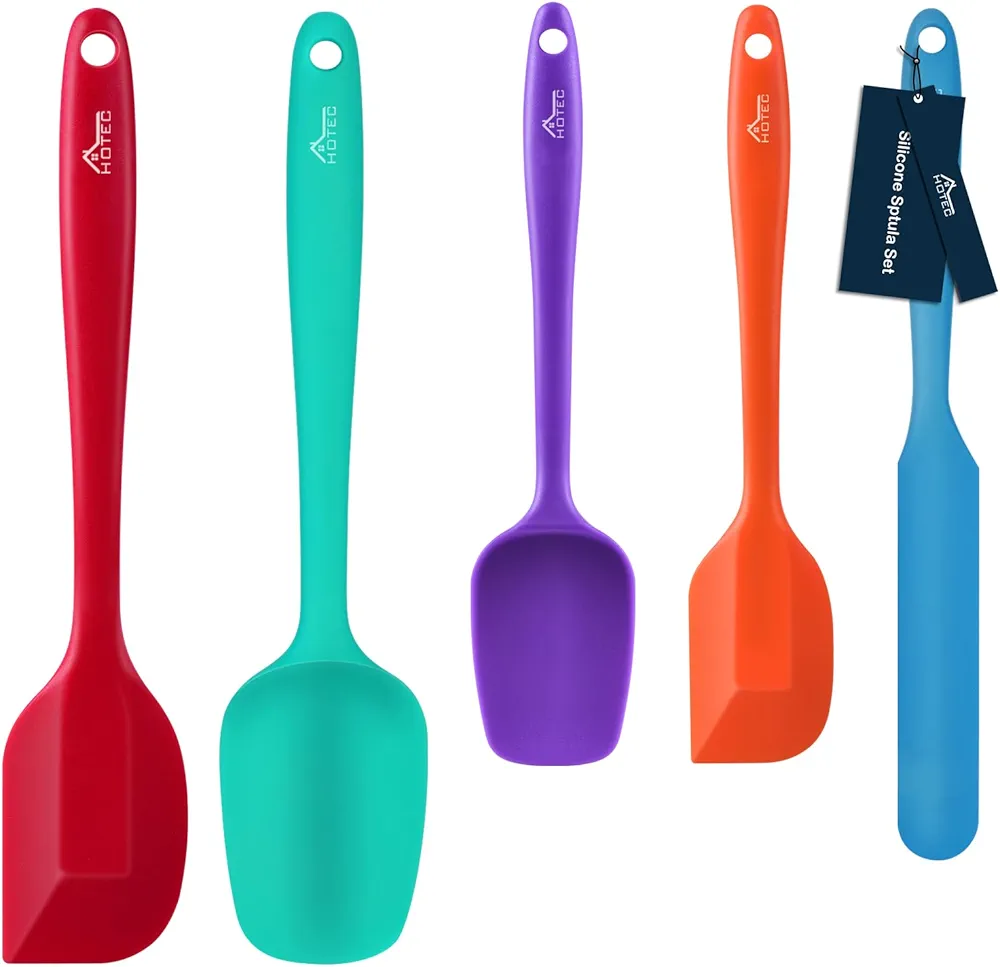 HOTEC Food Grade Silicone Rubber Spatula Set for Baking, Cooking, and Mixing High Heat Resistant Non Stick Dishwasher Safe BPA-Free Multicolor Set of 5