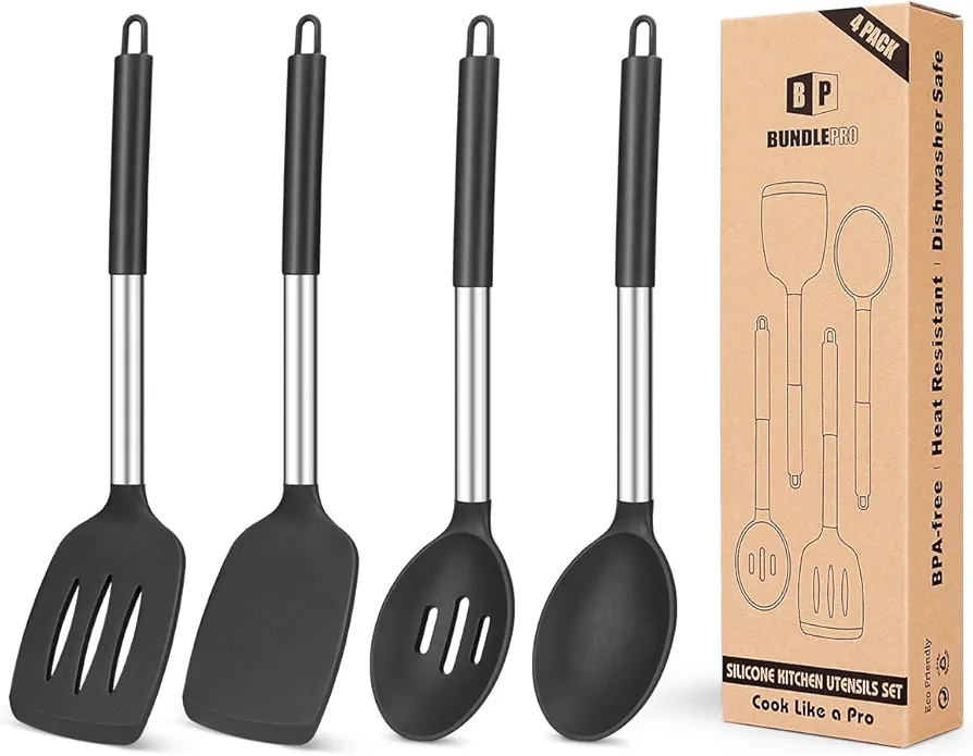 Pack of 4 Silicone Cooking Utensils Set, Non Stick Large Solid Spatulas, Heat Resistant Black Slotted Spoons, Ideal BPA Free Kitchen Turners for Frying, Mixing,Serving,Draining,Turning,Stirring