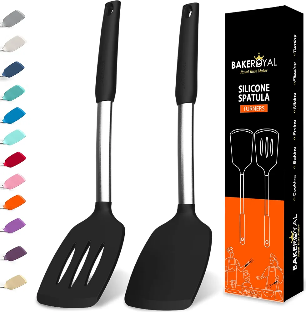 Silicone Spatula Set - Turner Spatulas Silicone Heat Resistant 600°F - Slotted & Solid Silicone Spatulas for Cooking Fish, Eggs, Pancakes Flipper – Silicone Cooking Utensils Set – Black