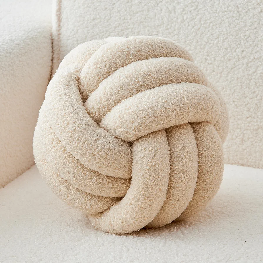 Decorative Throw Knot Pillow Ball for Home Chair Sofa Couch Bed Aesthetic Round Decor Pillows Lambswool Knotted Pillow Cushion (Beige, 8.7inches)