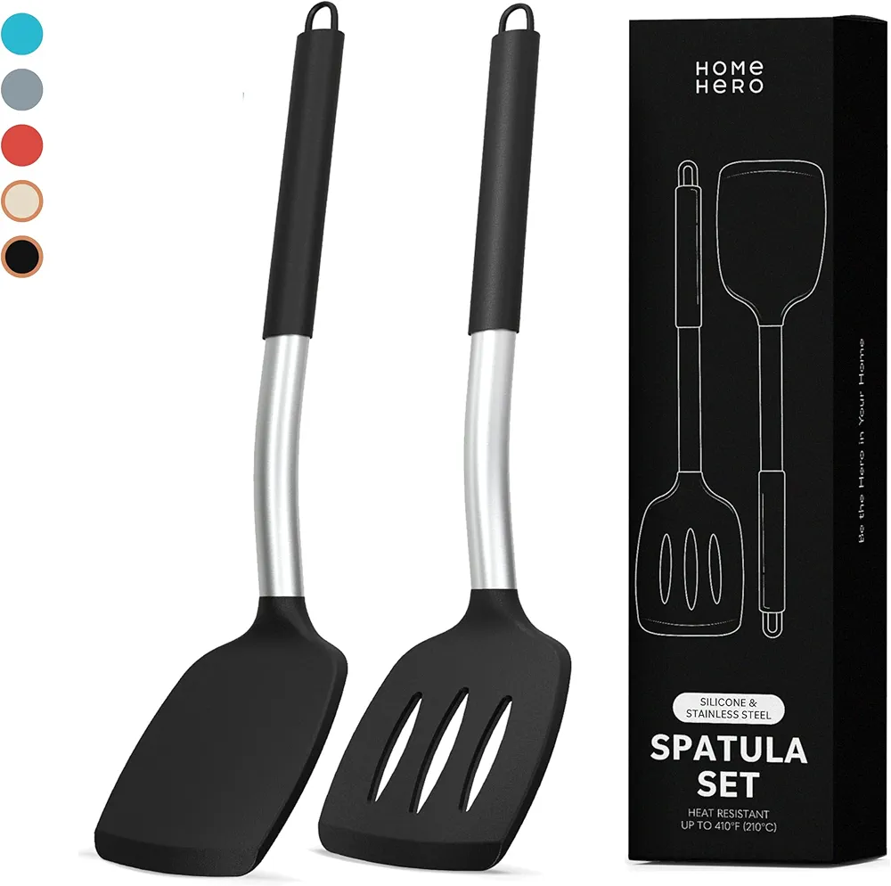 Home Hero Silicone Spatula Set with Ergonomic Handles - Stainless Steel High Heat Resistant Solid & Slotted Turner, BPA Free Non Stick Kitchen Utensils Set - Rubber Spatula (2 Pcs - Black)