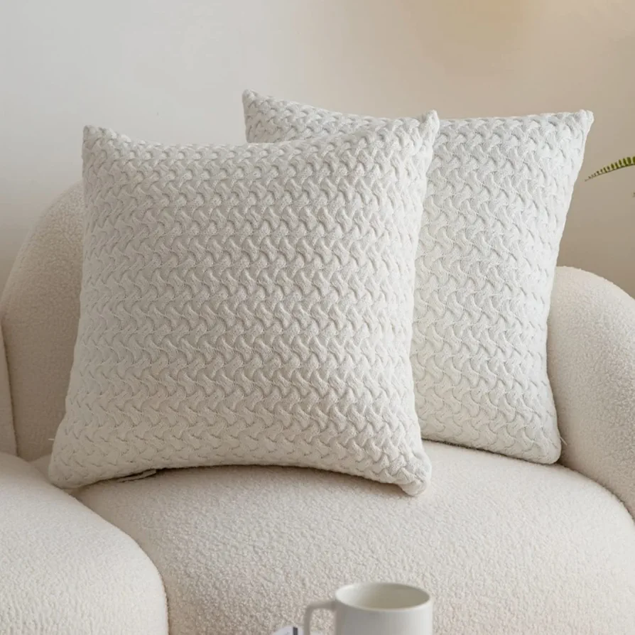 White Knitted Throw Pillow Cover 18x18 Inch, Soft Cozy Cotton Cable Knit Decoration Pillow Covers for Couch Living Room Bed Sofa