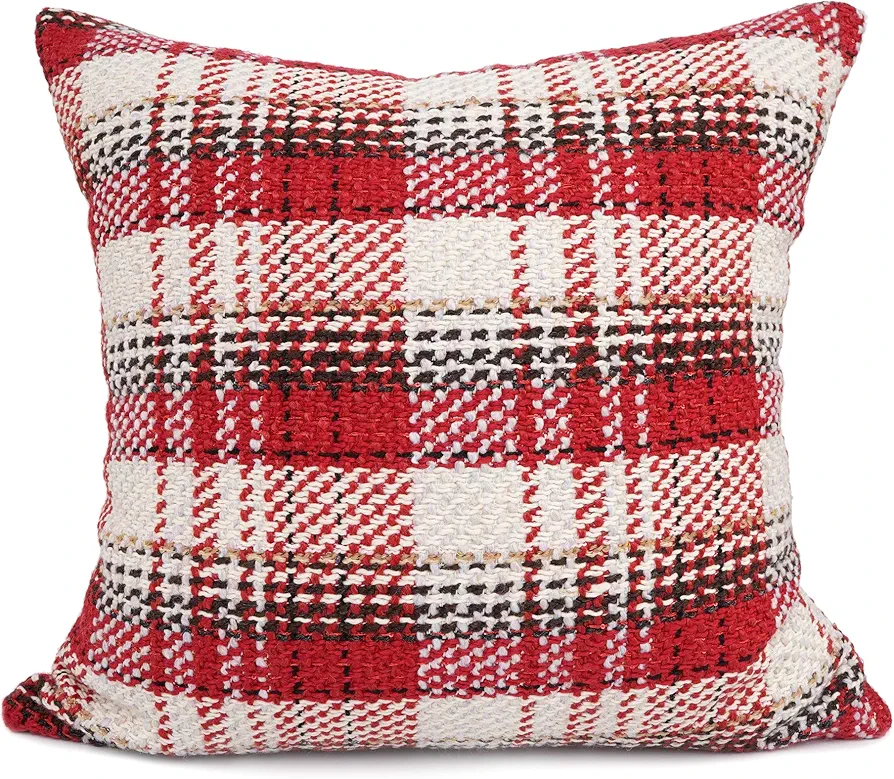 YOUR SMILE Christmas Series Knitting Wool Retro Farmhouse Buffalo Tartan Chequer Stripe Plaid Cotton Linen Decorative Throw Pillow Case Cushion Cover Pillowcase for Sofa Indoor (Red, 18''x18'')