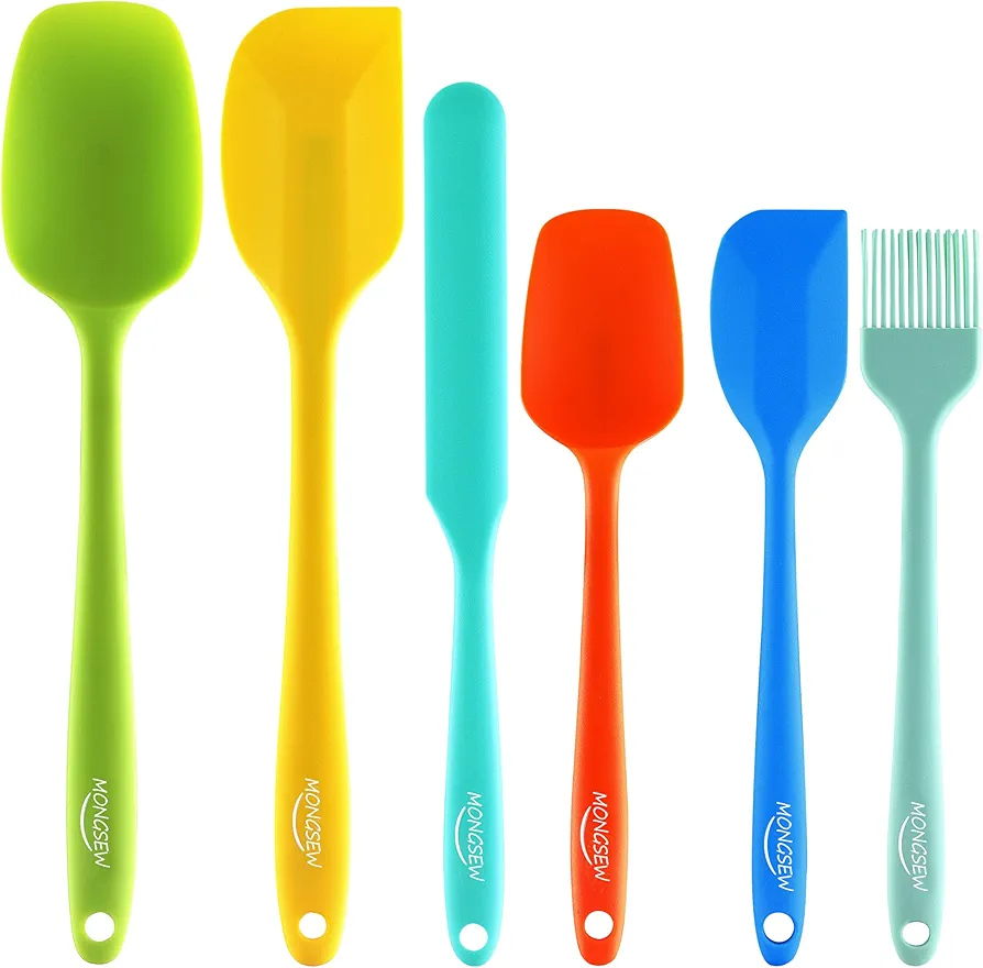 6PCS Silicone Spatulas, MONGSEW Food Grade Heat Resistant Rubber Spatula Set, Kitchen Spatulas for Baking, Cooking and Mixing, BPA-Free, Dishwasher Safe (Set of 6, Multi Colors)