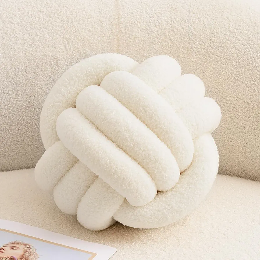 Knot Pillow Ball Round Throw Pillow Decorative Pillow for Bed Soft Ball Pillow White Knotted Pillows Couch Cushions (Small,8.6inches)